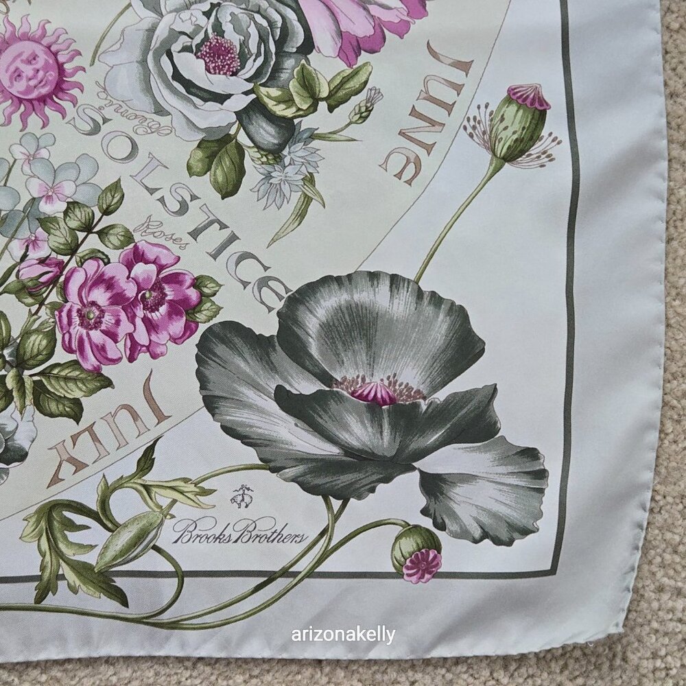 Brooks Brothers Silk Scarf Four Seasons of Flowers Purple Grey - Picture 7 of 16